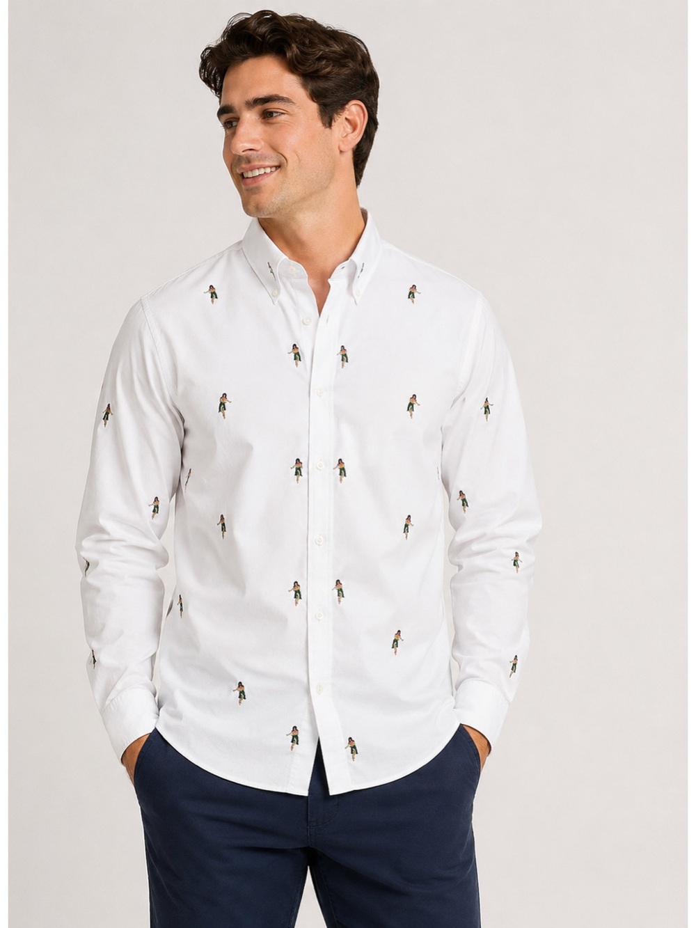 Michael Brandon Mens L Hula Girl Embroidered Shirt White Slim Fit Tropical